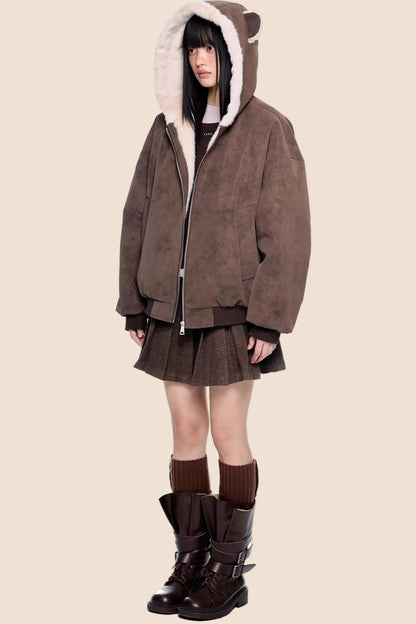 Faux Suede Hooded Fur Coat