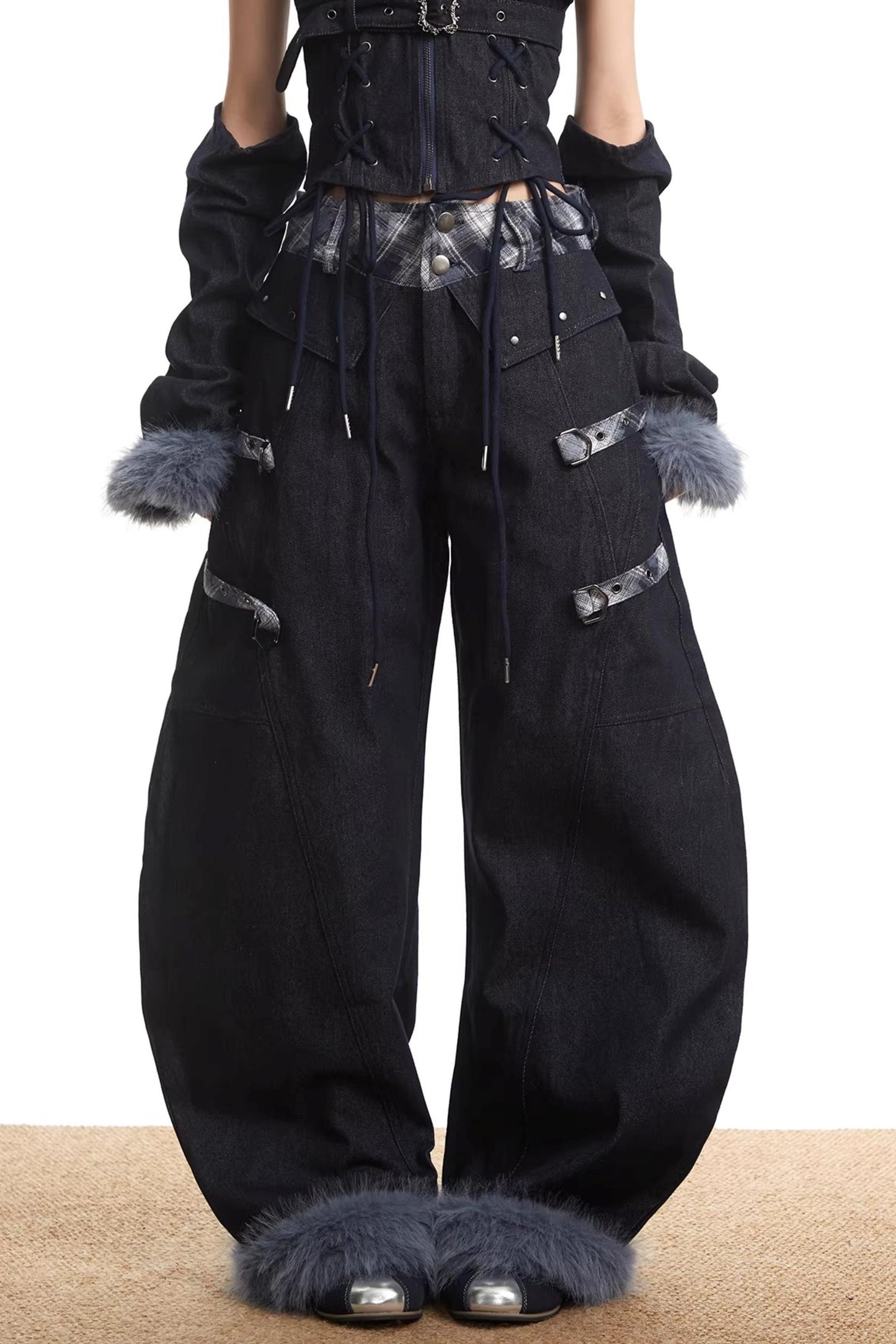 Plaid Patchwork Denim Set-Up