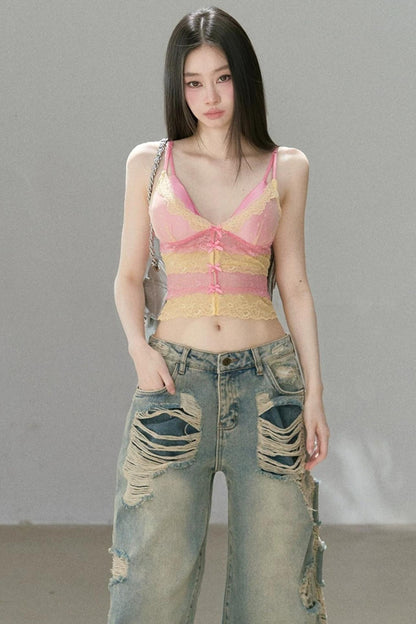 Top in pizzo a blocchi di colore con scollo a V profondo