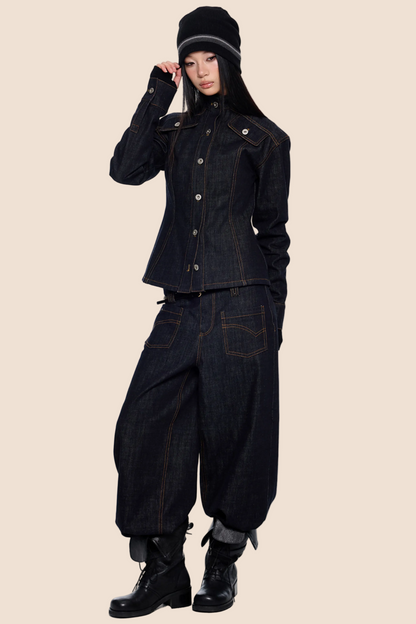 Wide-Shoulder Denim Jacket Set-Up