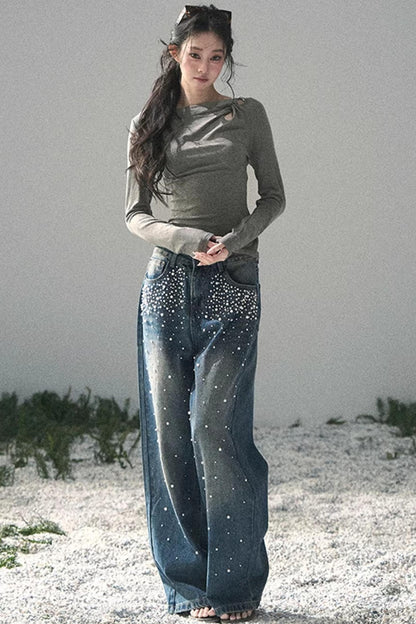 Pantalon en jean bleu clair perlé