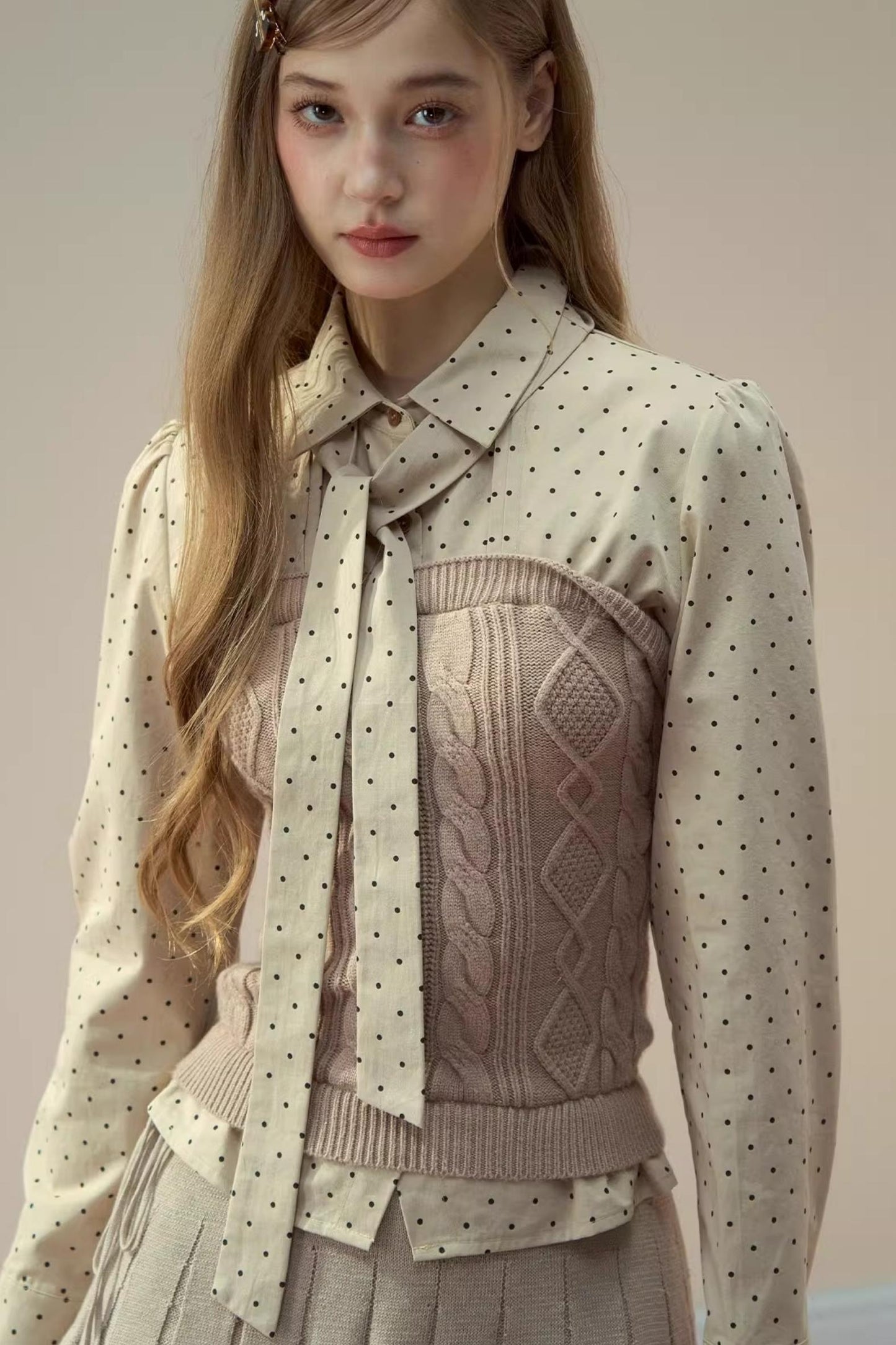 Polka Dot Patchwork Shirt And Skirt Set-Up