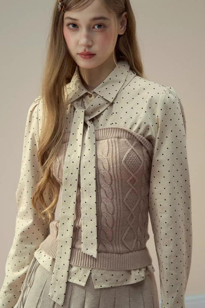 Polka Dot Patchwork Shirt And Skirt Set-Up