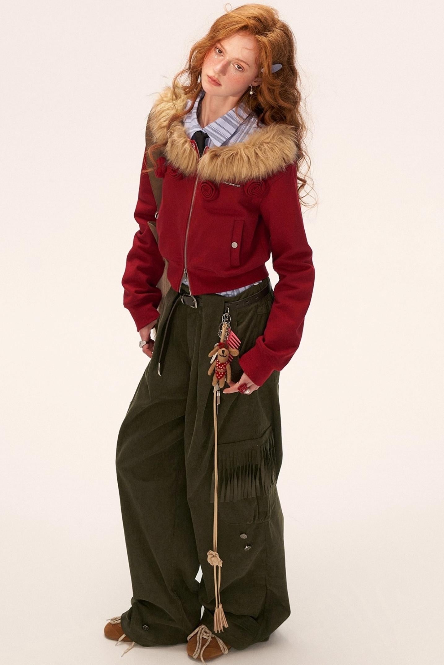 Detachable Fur Collar Double Zipper Jacket