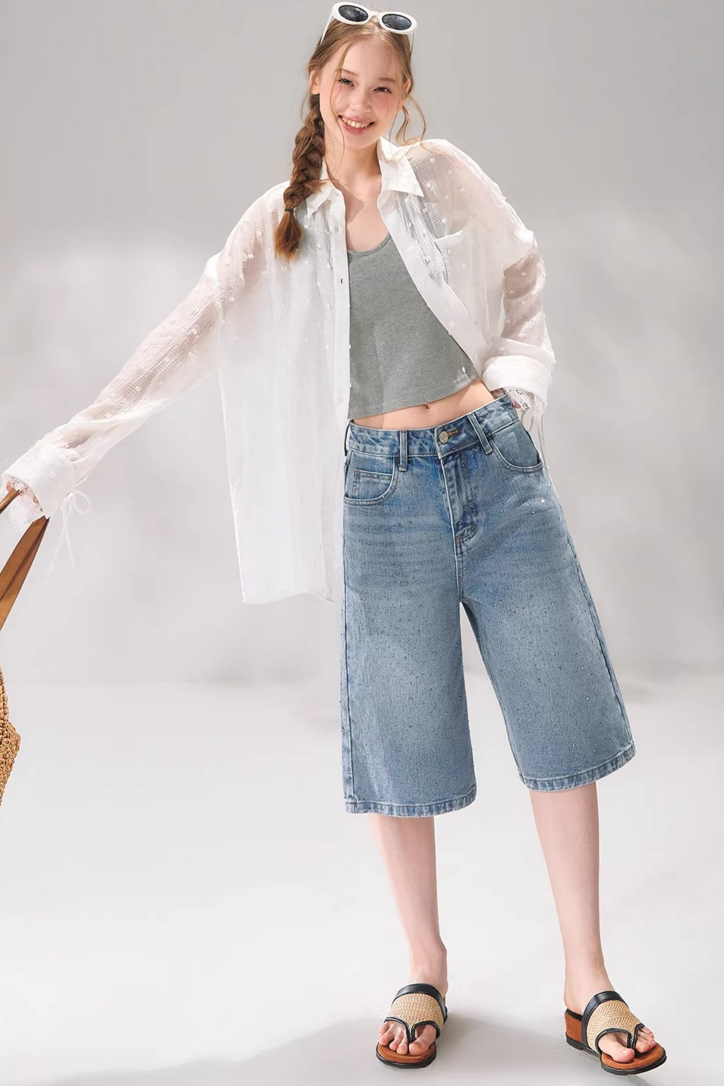 Rhinestone Denim Cropped Pants