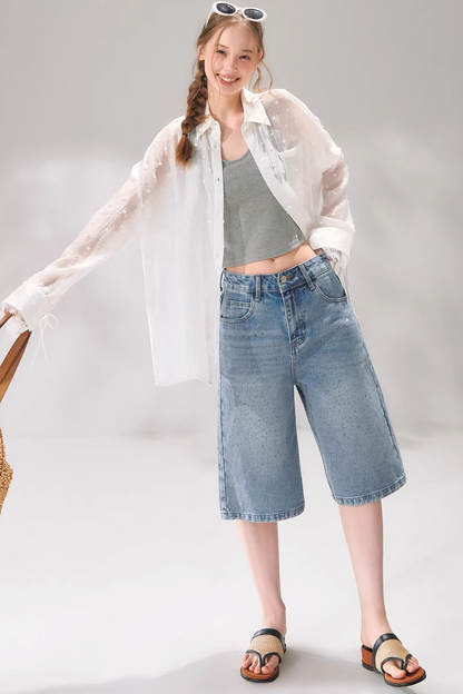 Rhinestone Denim Cropped Pants