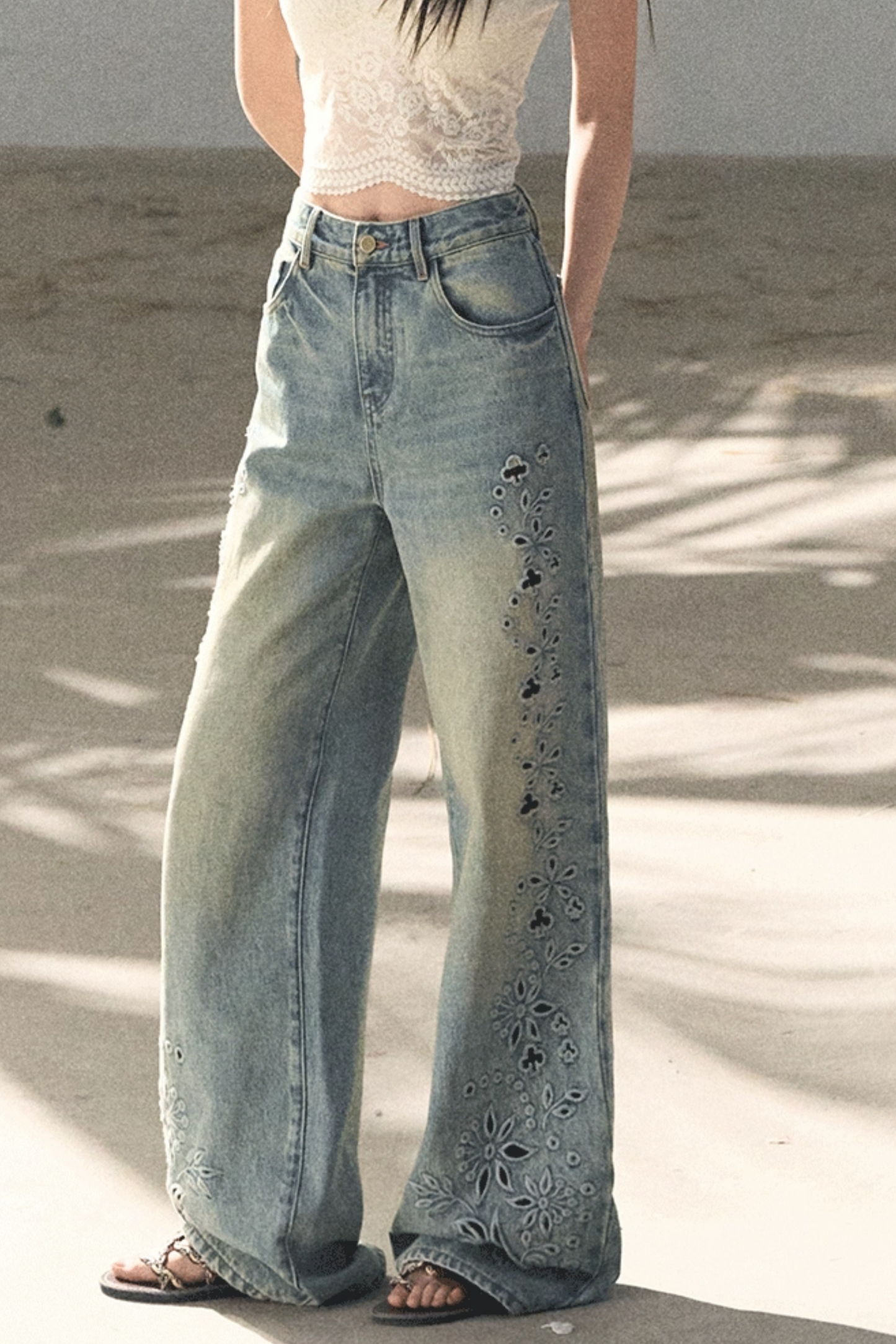 Laser Embroidery Distressed Jeans