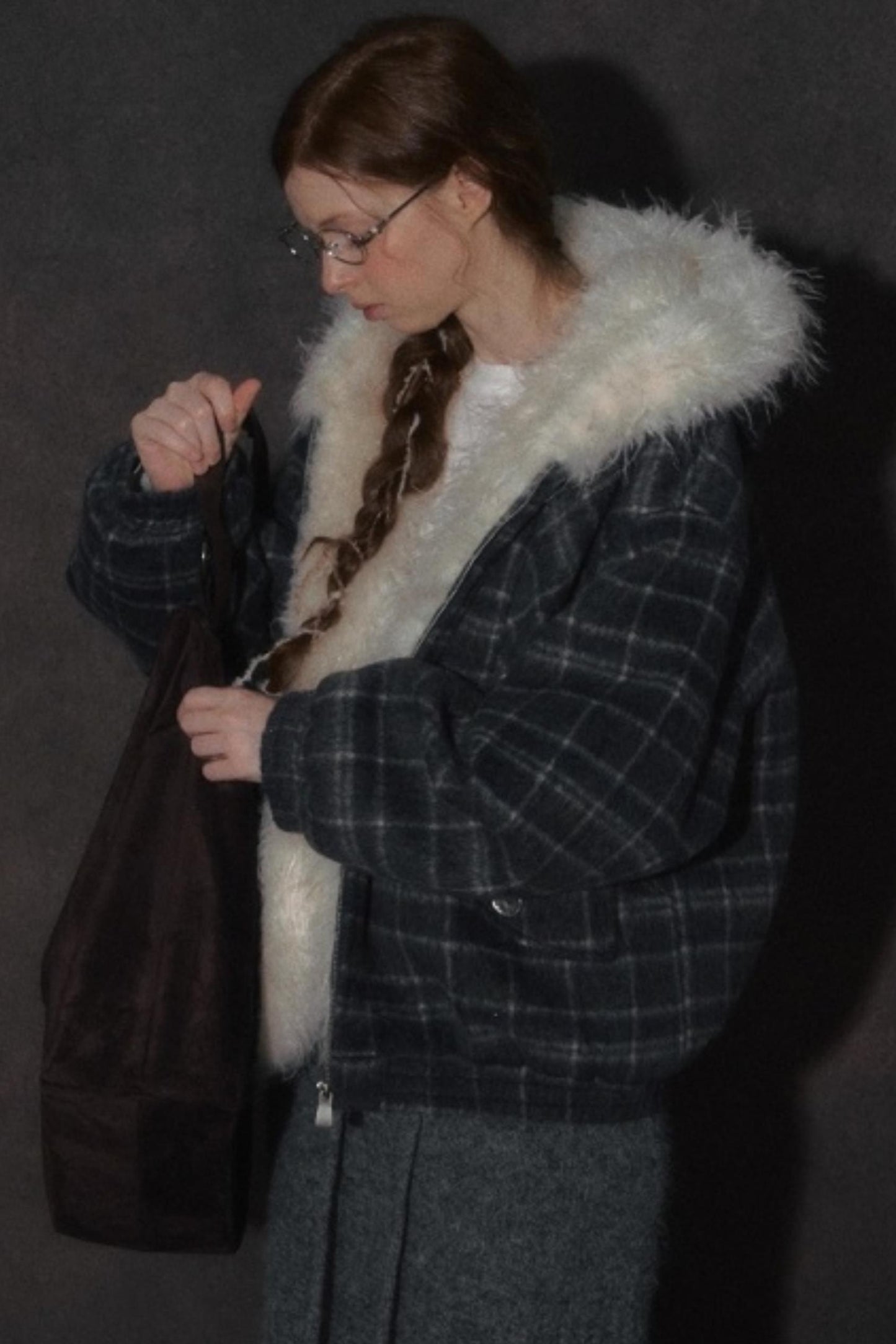 Elk Fur Collar Plaid Woolen Jacket