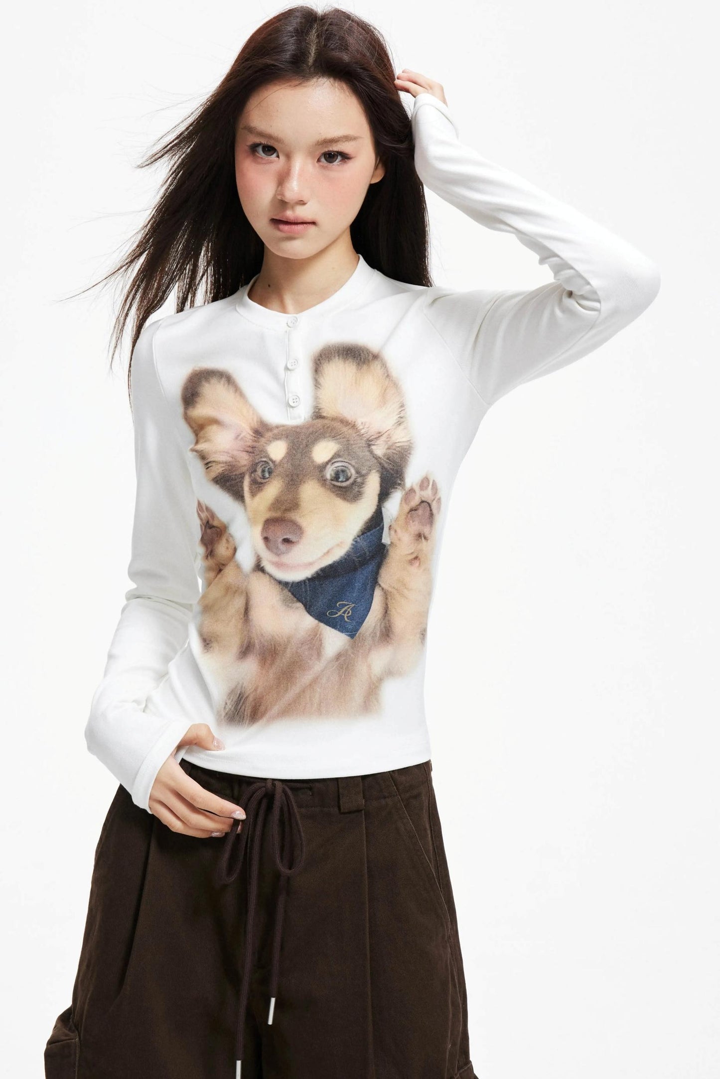 Puppy Print Crew Neck Knit Slim Top