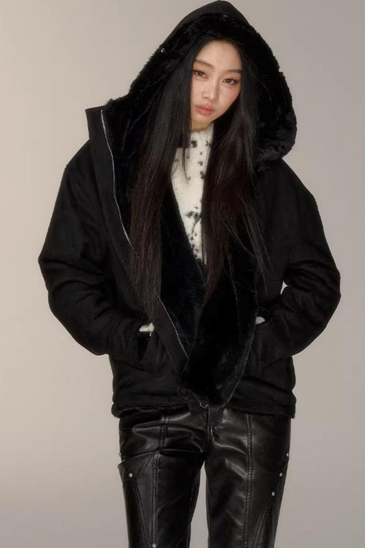 블랙 스웨이드 퍼 칼라 재킷