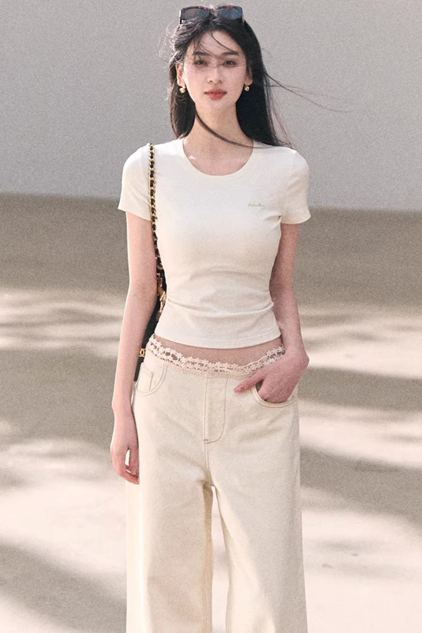 Contrast Embroidered Ruched Top