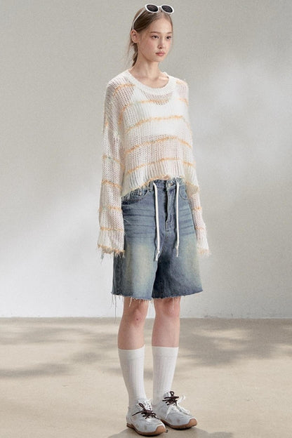 Silver Silk Blend Cropped Knit Blouse