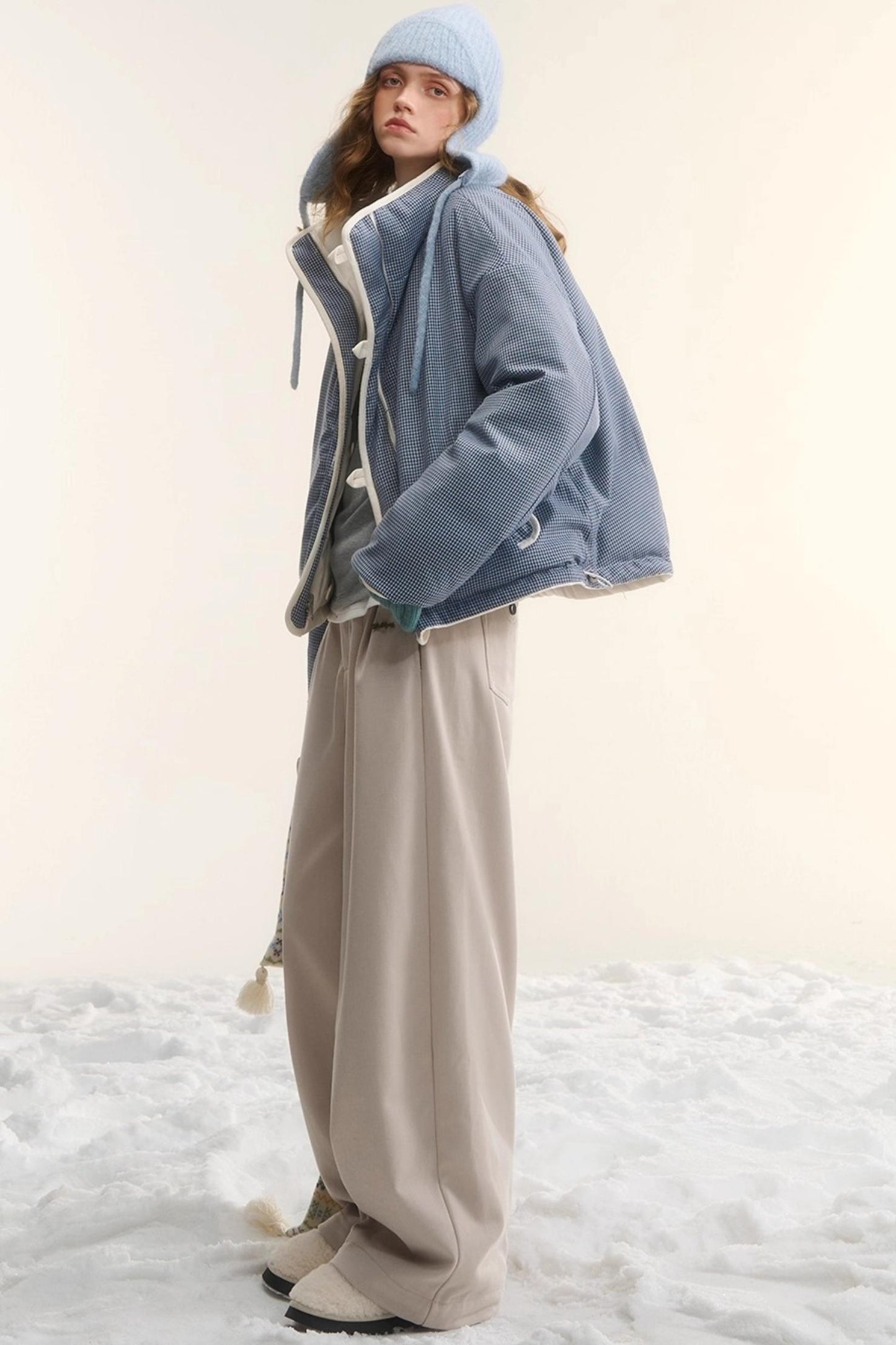 Plaid Fleece-Lined Wide-Leg Pants