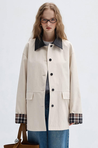 Check Contrast PU Leather Trench Coat