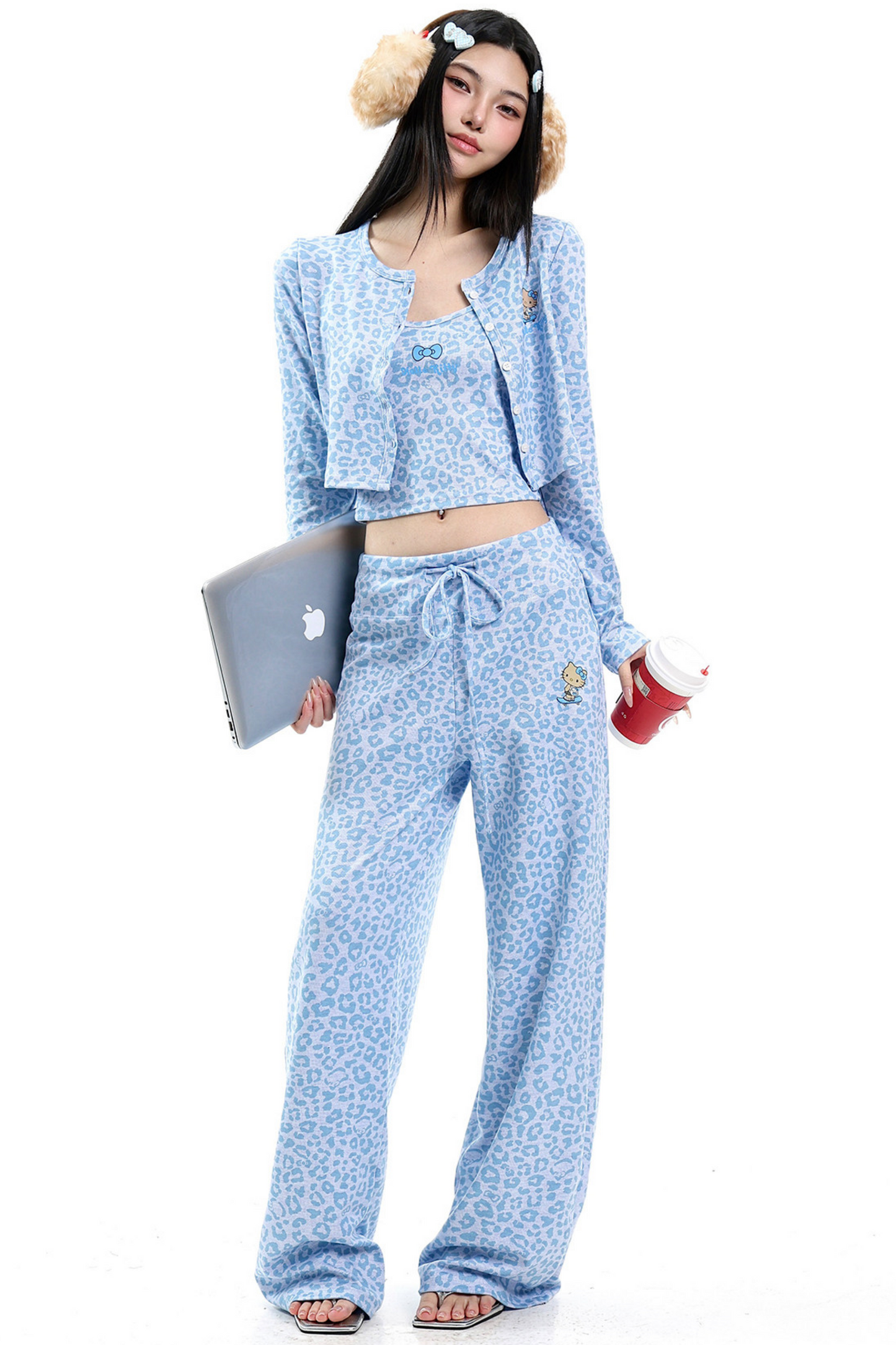 Blue Leopard Three-Piece Cardigan Set-Up