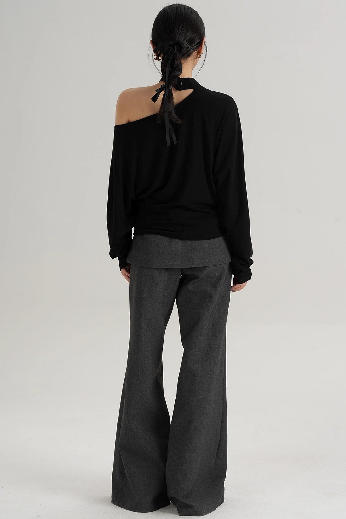 Halterneck Slanted Shoulder Long Sleeve Top