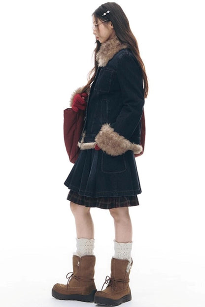 Detachable Fur Collar Denim Jacket Set-Up