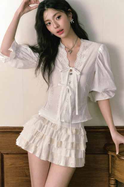 Bubble Sleeve Two Piece Cake Skirt Set-Up