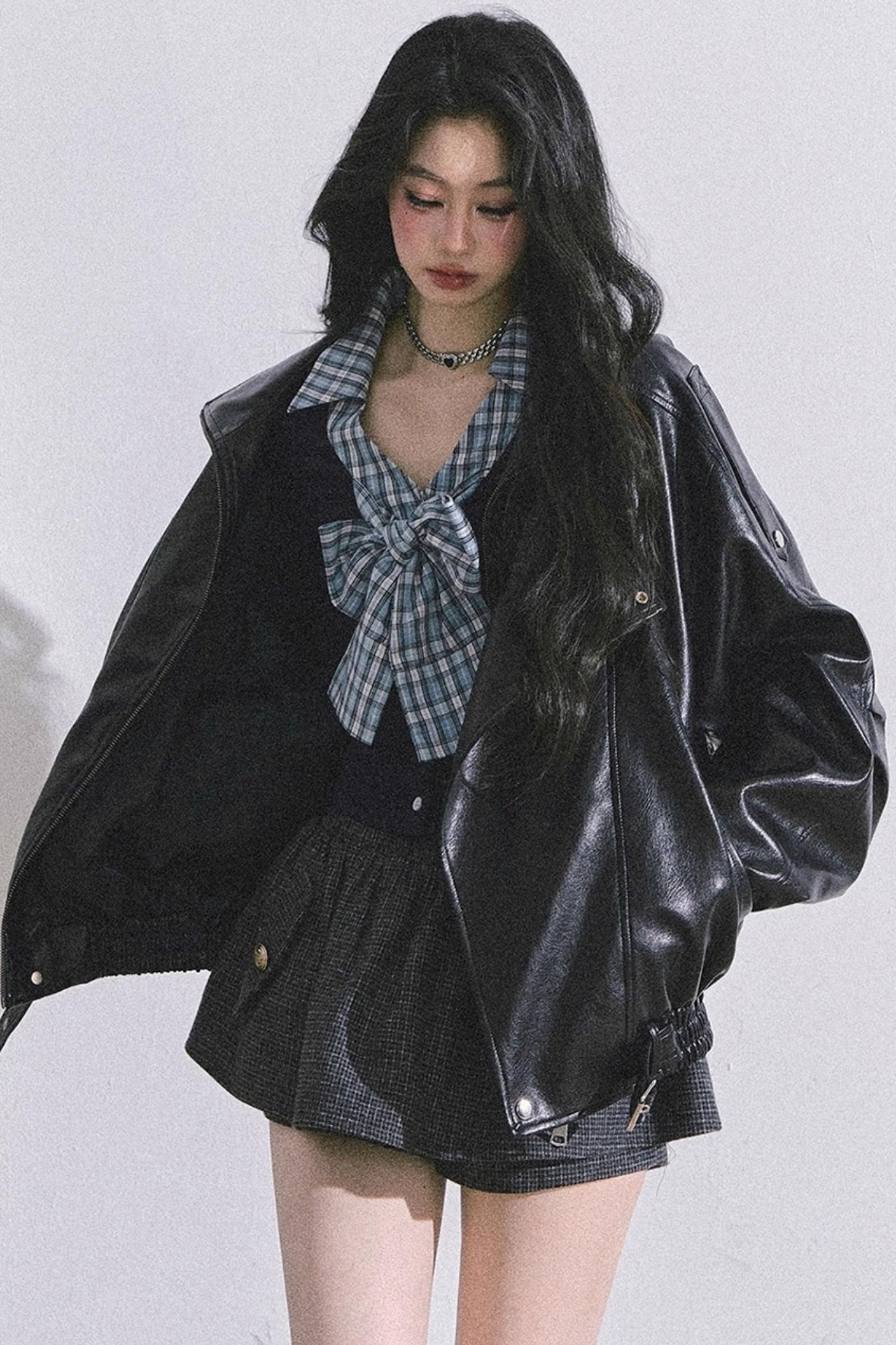 American Long-Sleeved Bow Plaid T-Shirt