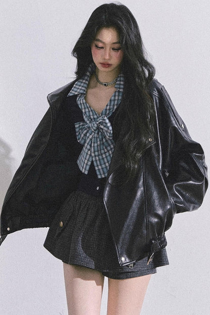 American Long-Sleeved Bow Plaid T-Shirt