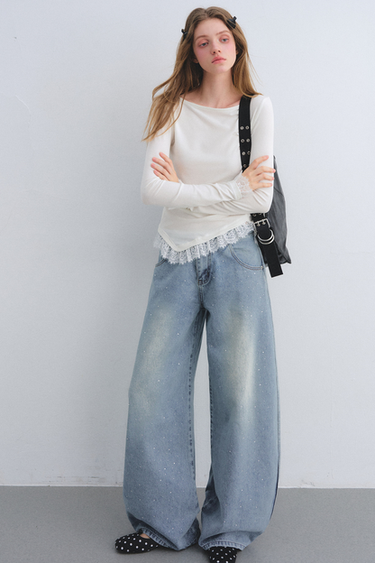 Rhinestone Washed Denim Pants