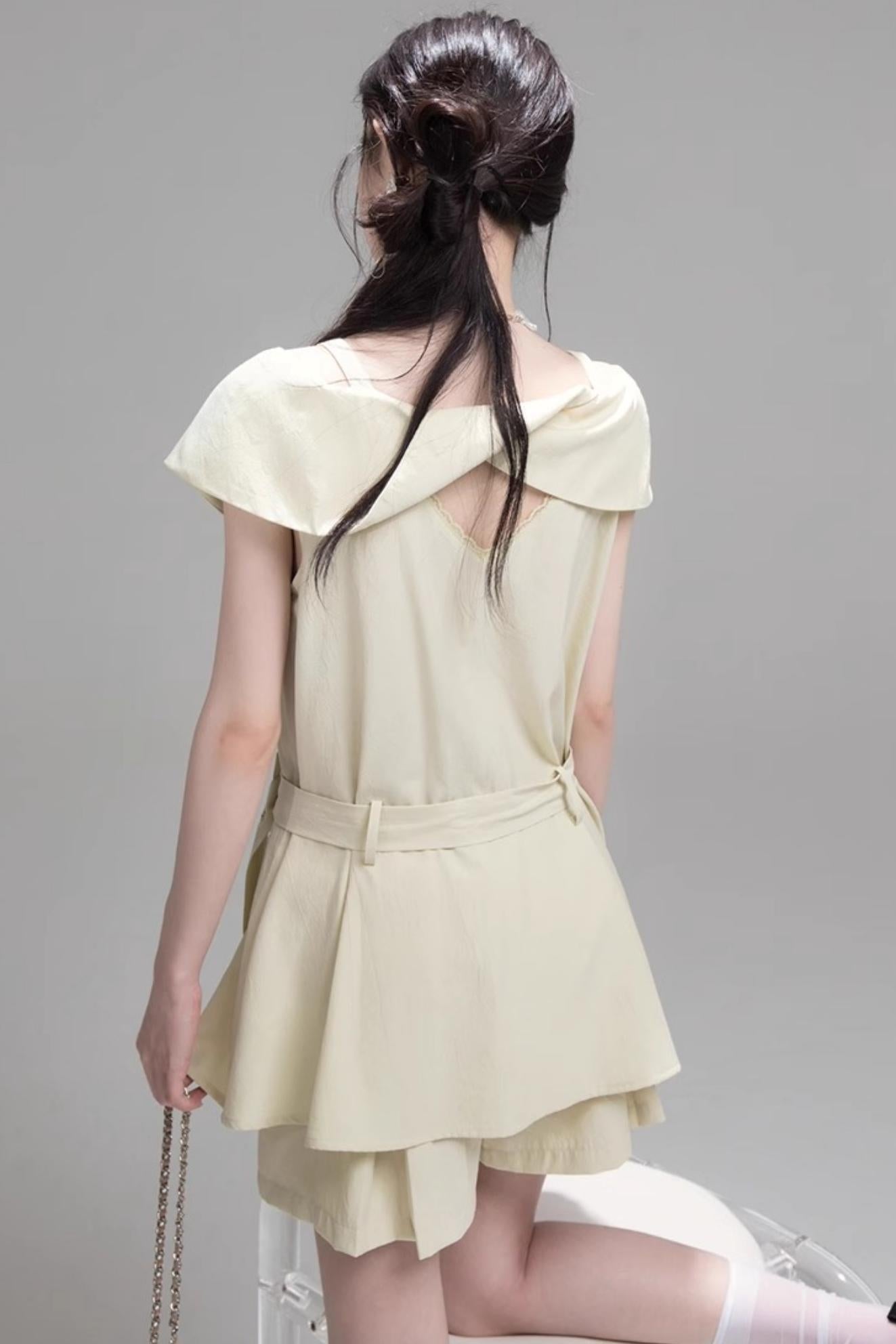 Layered Lime Green Belted Shirt & Pleated Shorts Set