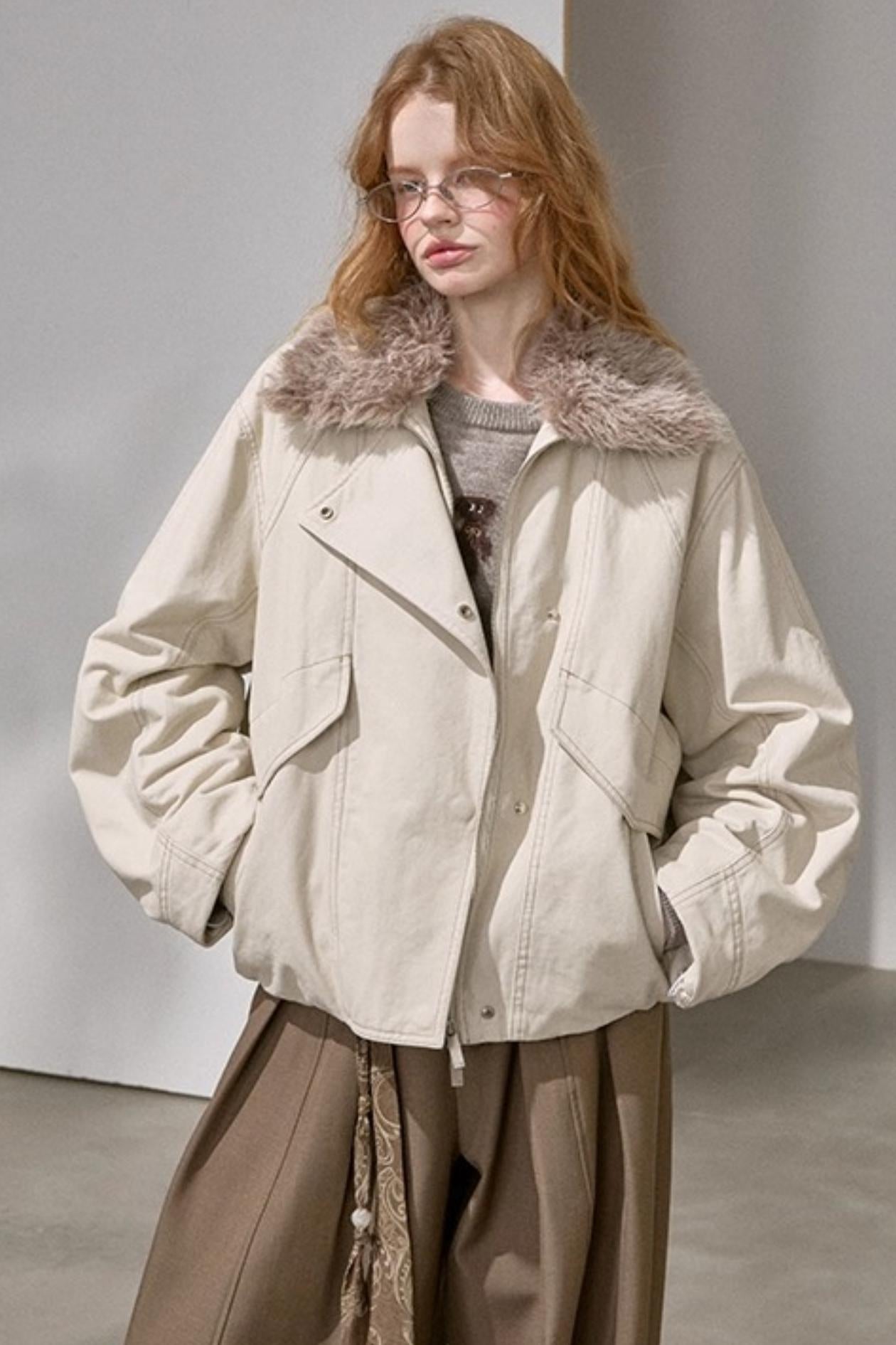 Curved Sleeve Fur Collar Jacket