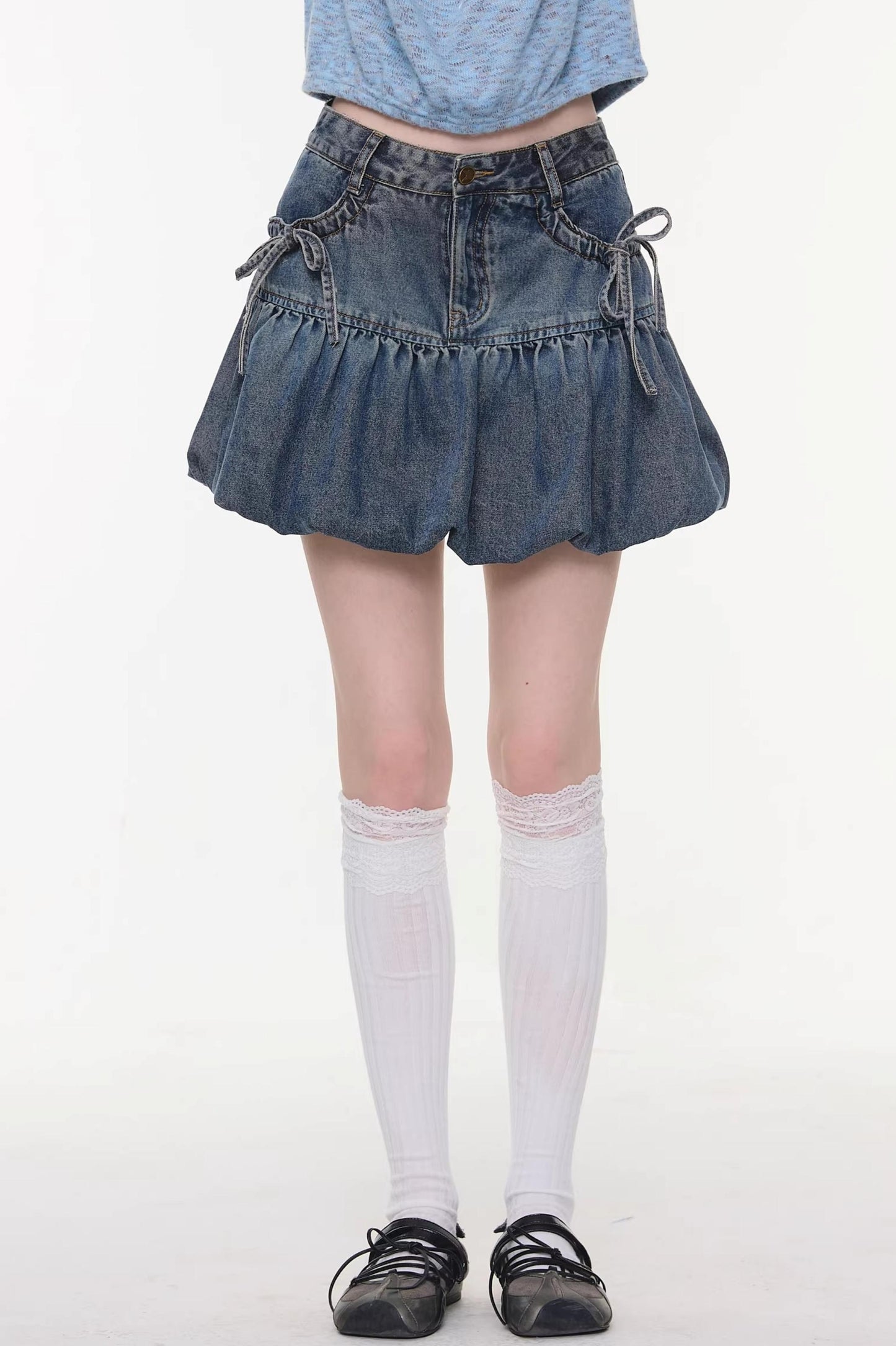 Sweet Bubble Bowknot Denim Skirt