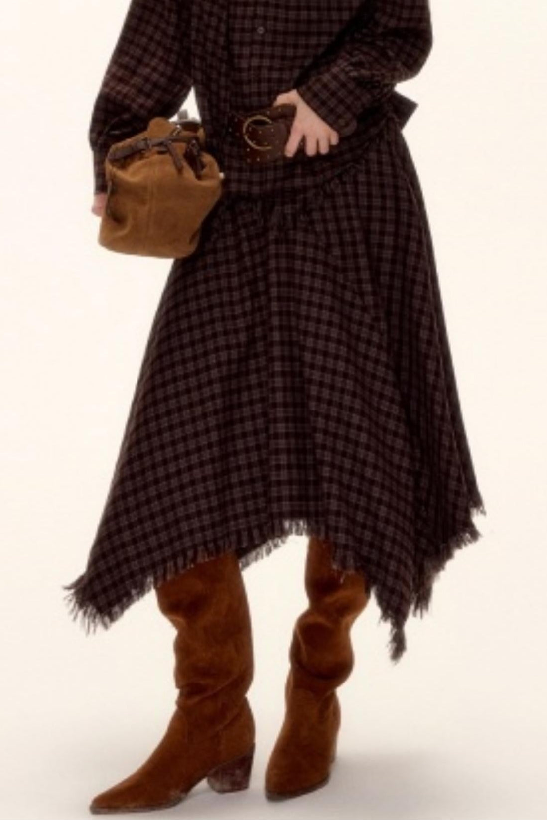 Frayed Hem Plaid Midi Skirt Belt Set