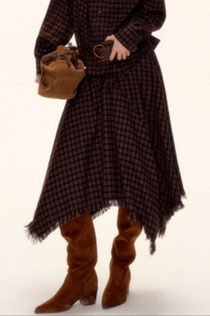 Frayed Hem Plaid Midi Skirt Belt Set