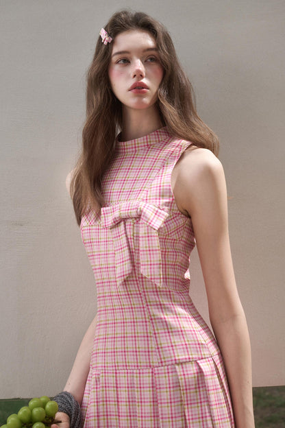 Bow Halterneck Plaid Dress