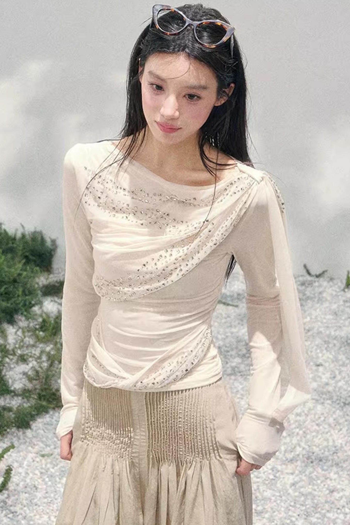 Sheer Rhinestone Slim-Fit Top Set