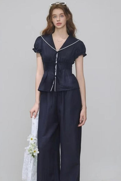 Navy Linen Pants Set-Up