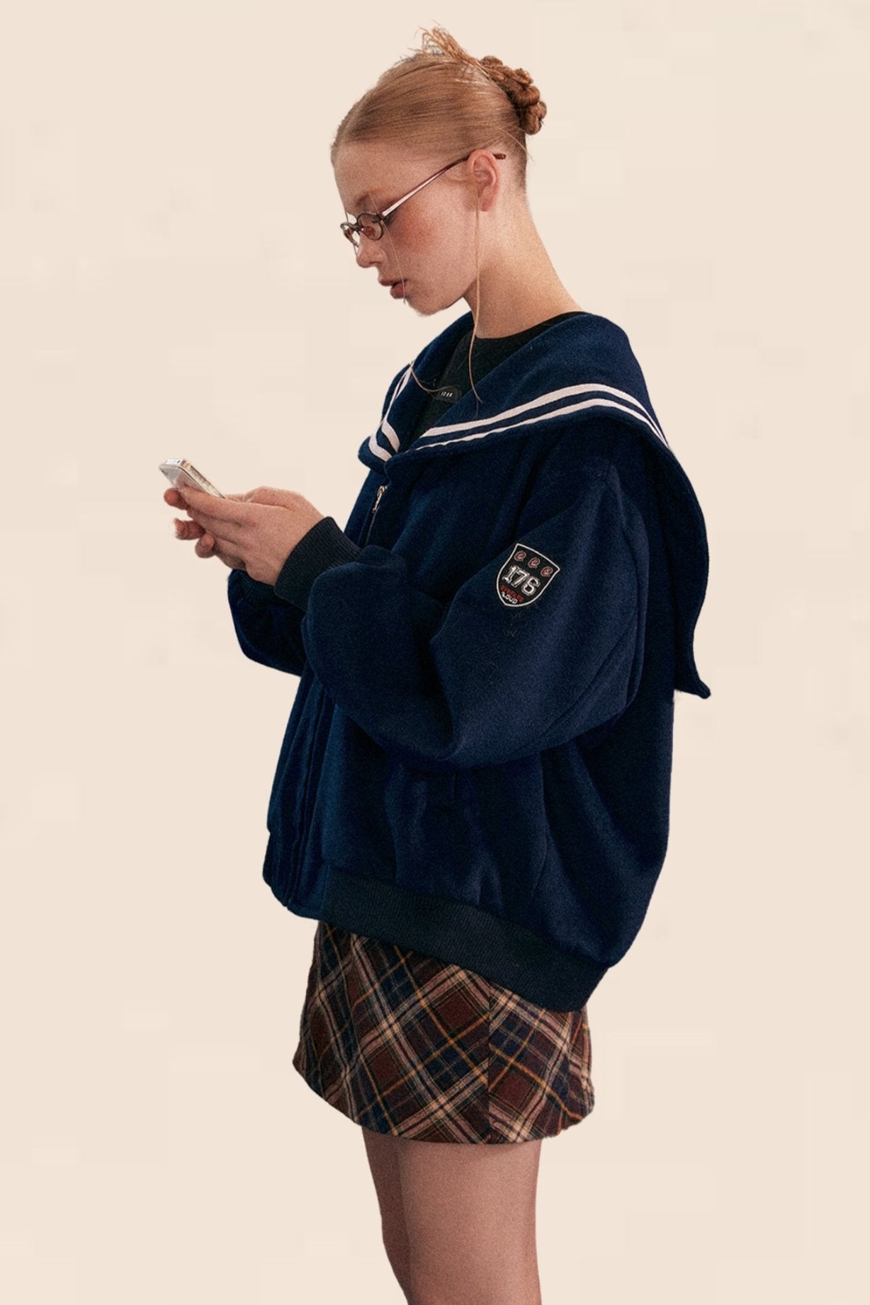 American Retro Navy Collalege Sweatshirt Set-UP