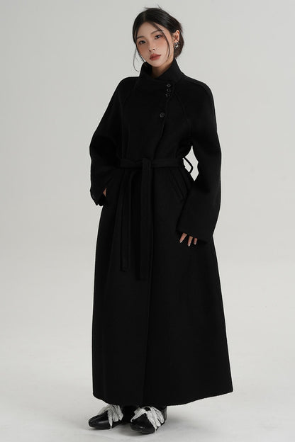 Diagonal Collar Woolen Long Coat