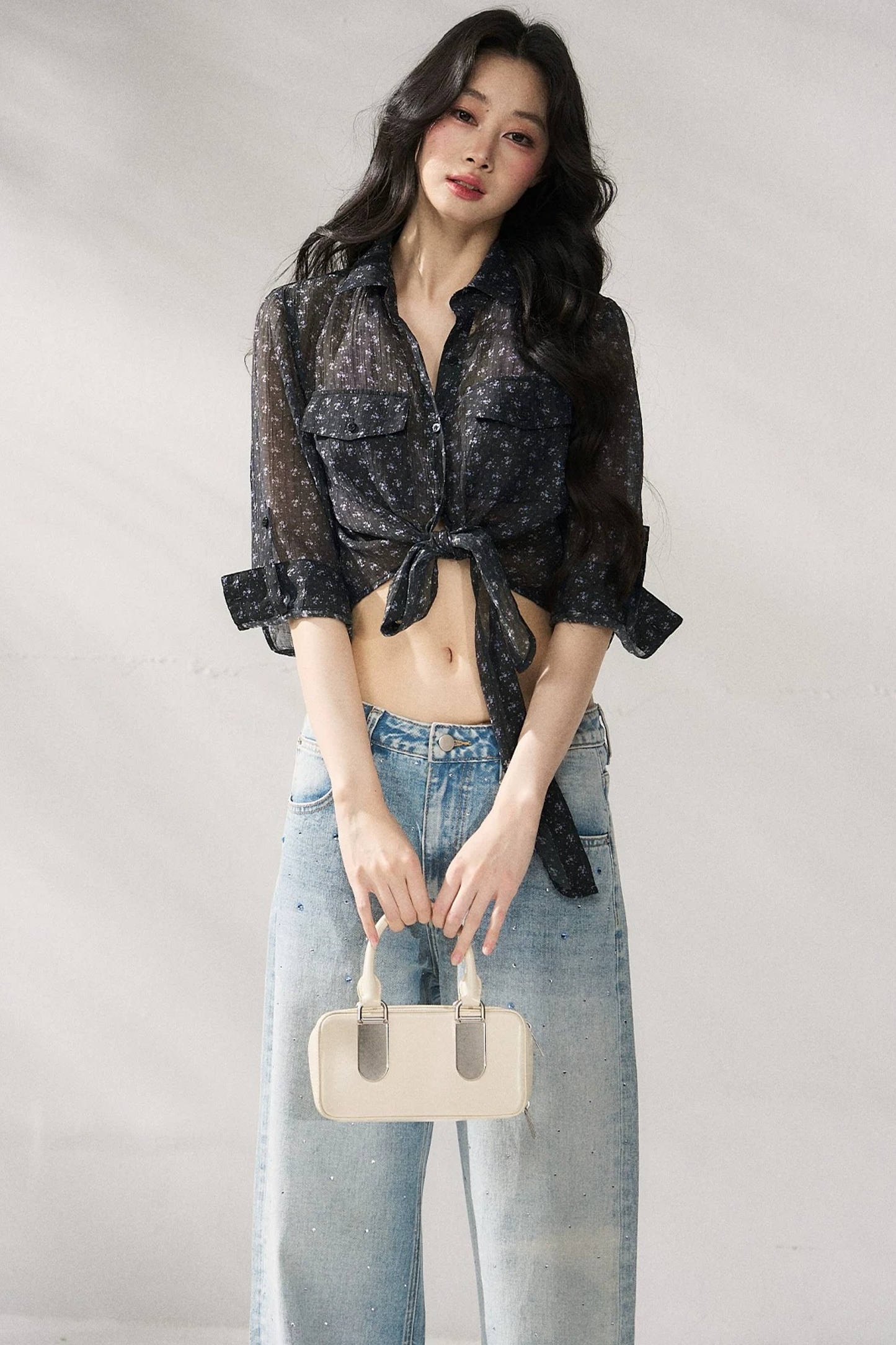 Bow Floral Slim Blouse