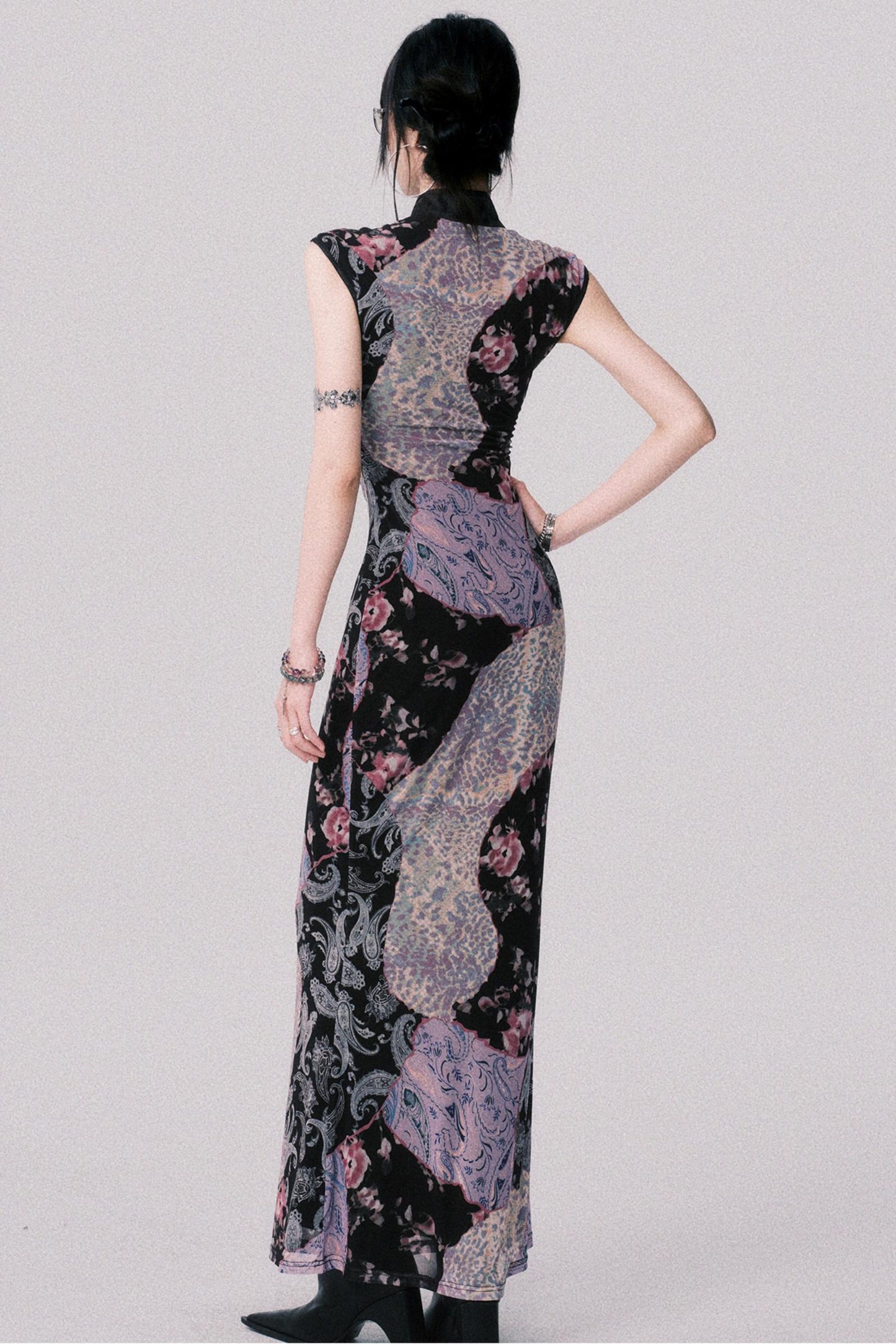 Smokey Purple Color-Block Cheongsam Dress