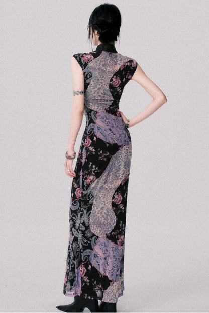 Smokey Purple Color-Block Cheongsam Dress