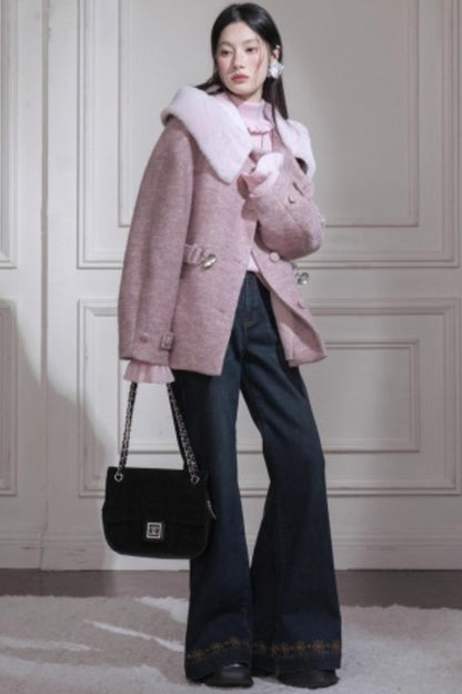 Cream Pink Hooded Wool Coat Set