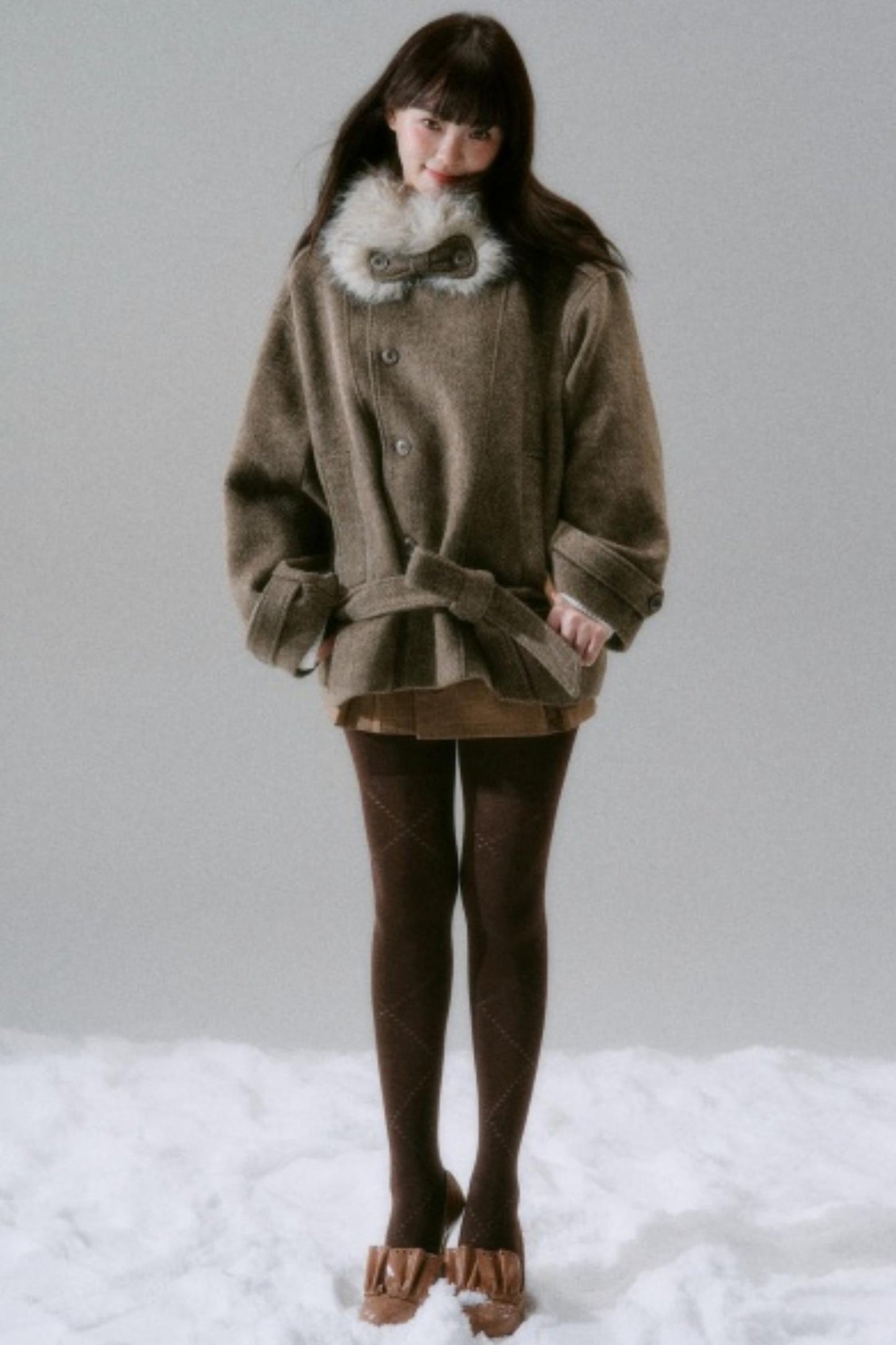 Bow Fur Collar Wool Coat