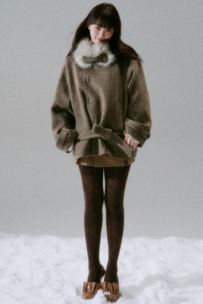 Bow Fur Collar Wool Coat