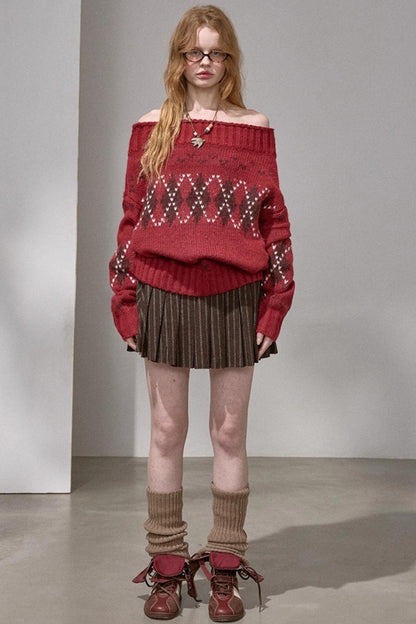 Thick Knit Argyle Off-Shoulder Sweater