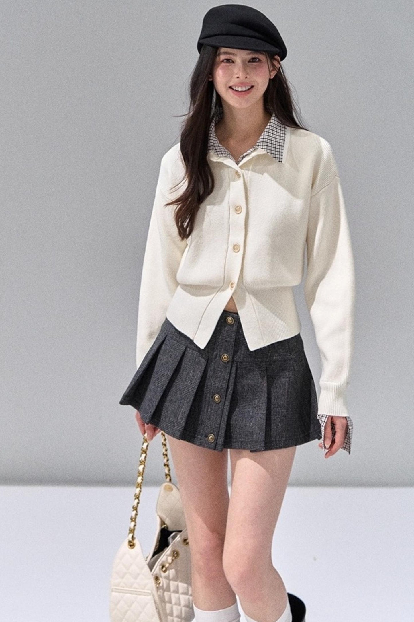 Fake Two Polo Lapel Sweater Skirt Set-Up