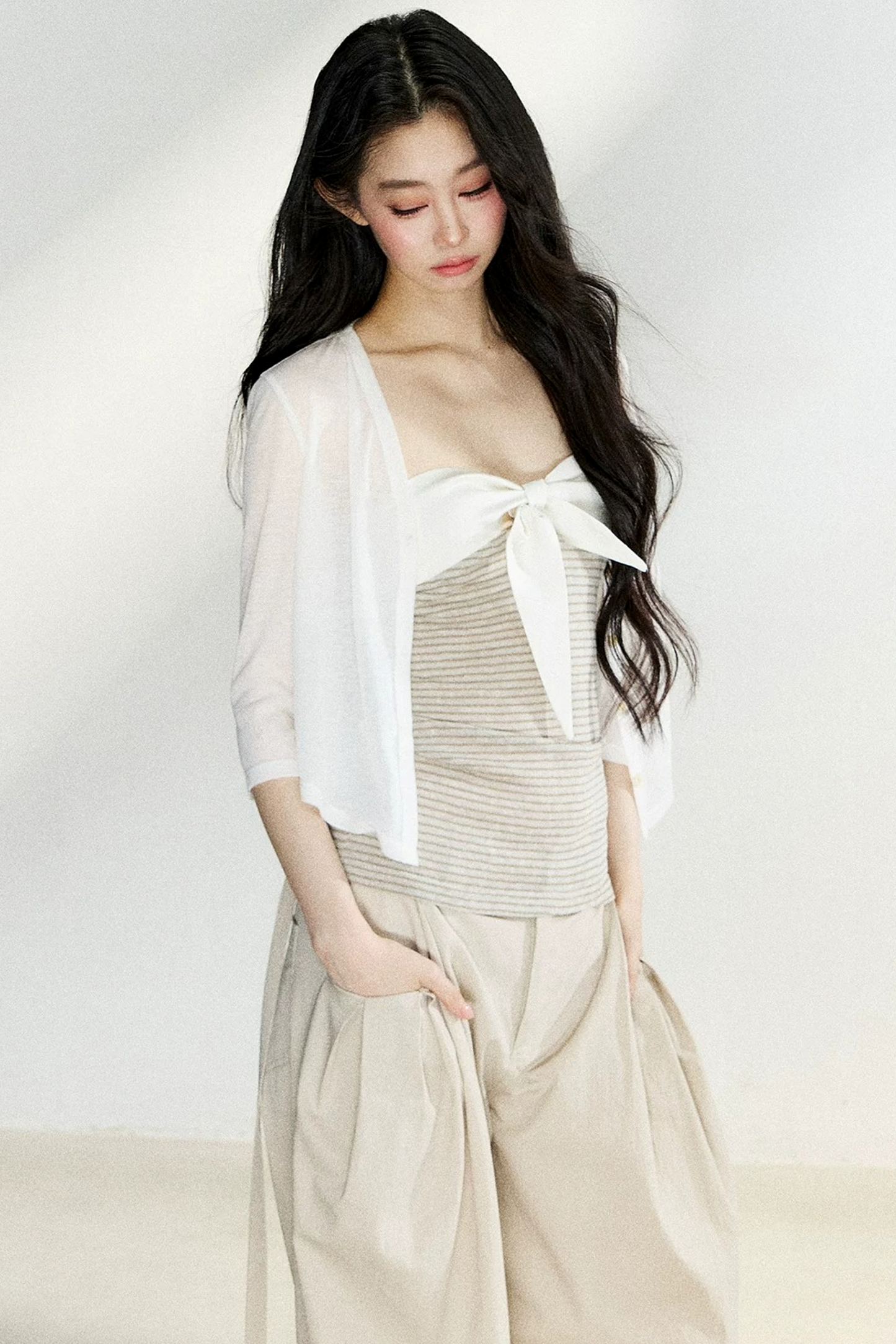 Two-Tone Striped Bow Cardigan Set-Up