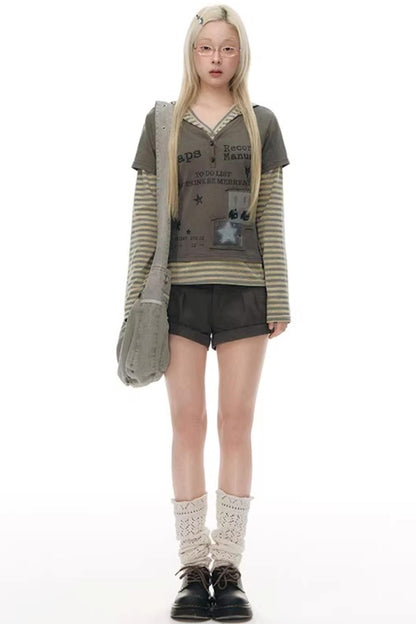 Hooded Spliced Long-Sleeve Top