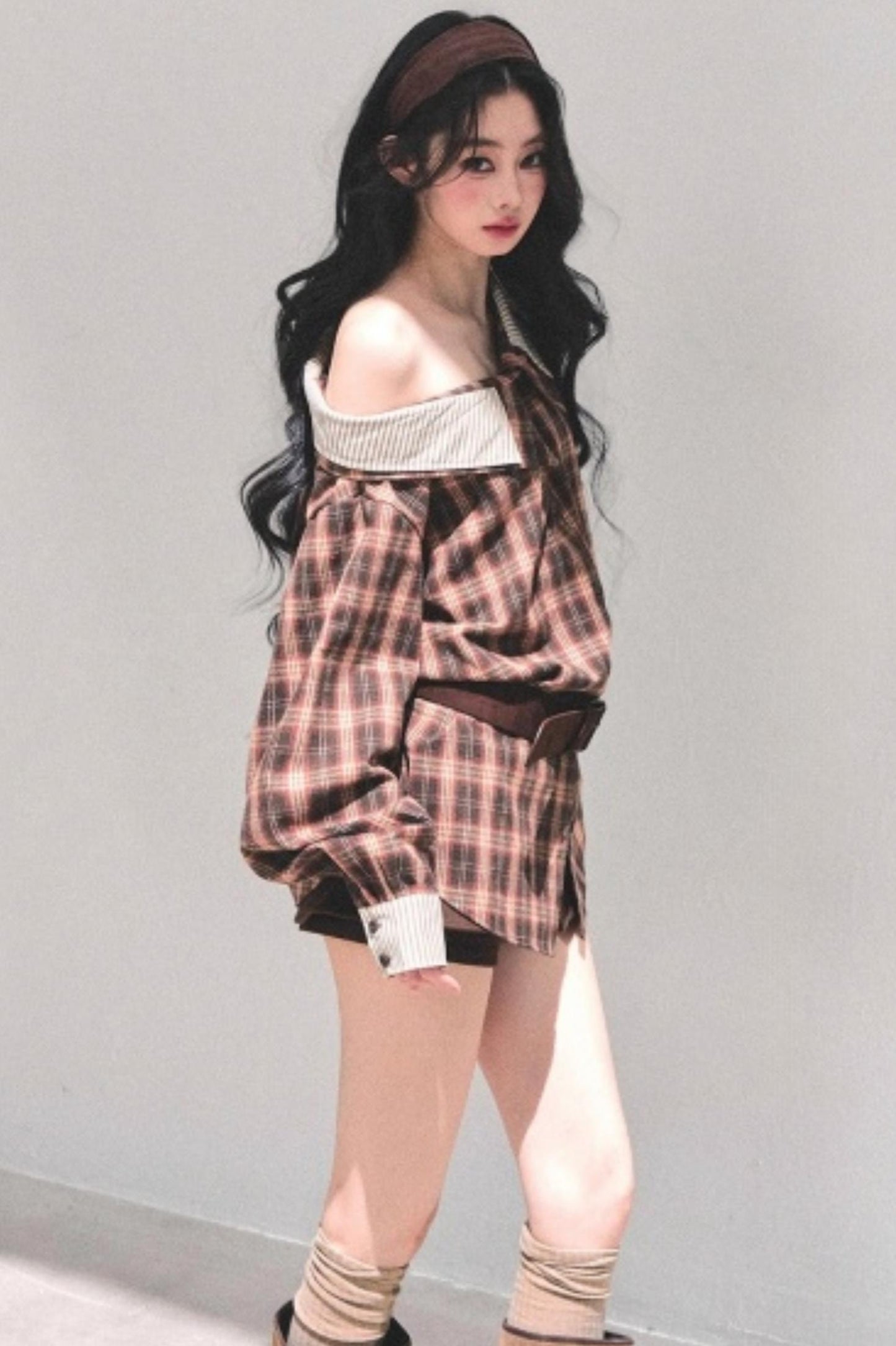 Off-Shoulder Plaid Shirt