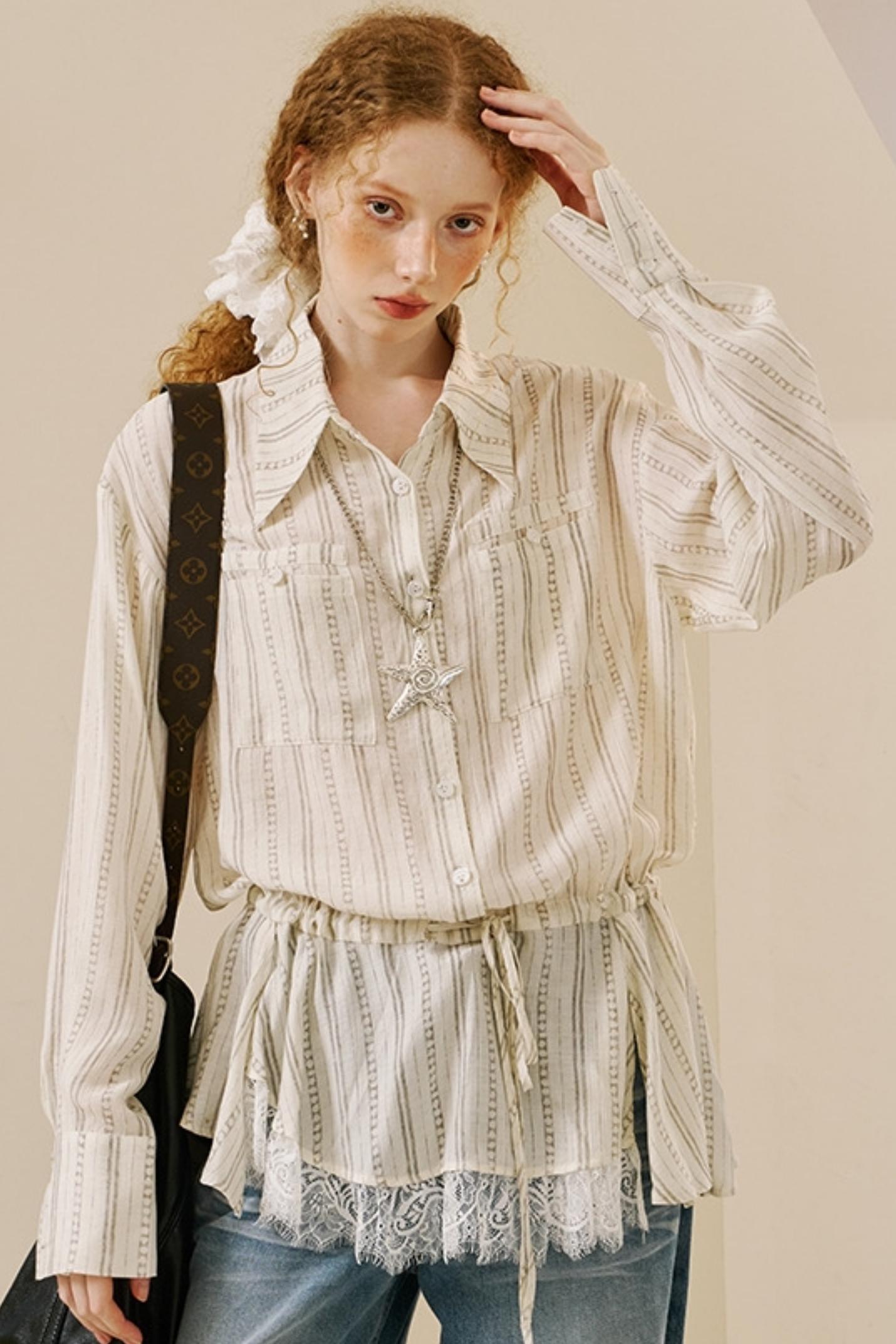 Vintage Lace-Trimmed Drawstring Shirt