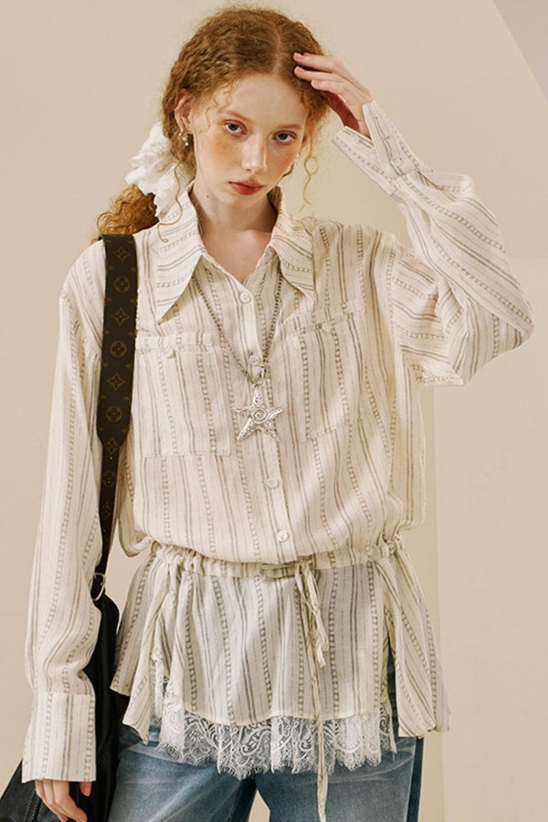 Vintage Lace-Trimmed Drawstring Shirt