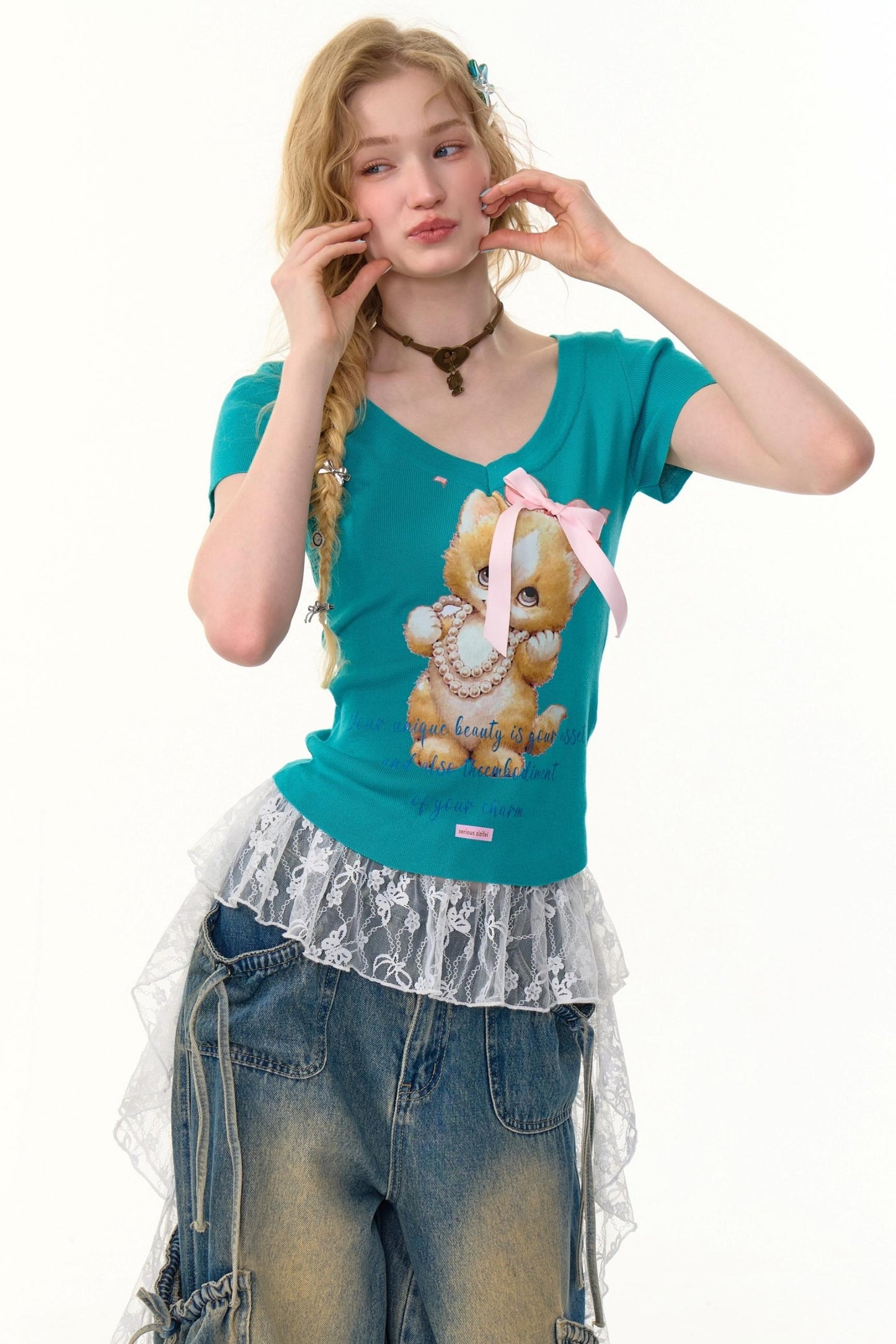 Cat Print V-Neck T-Shirt