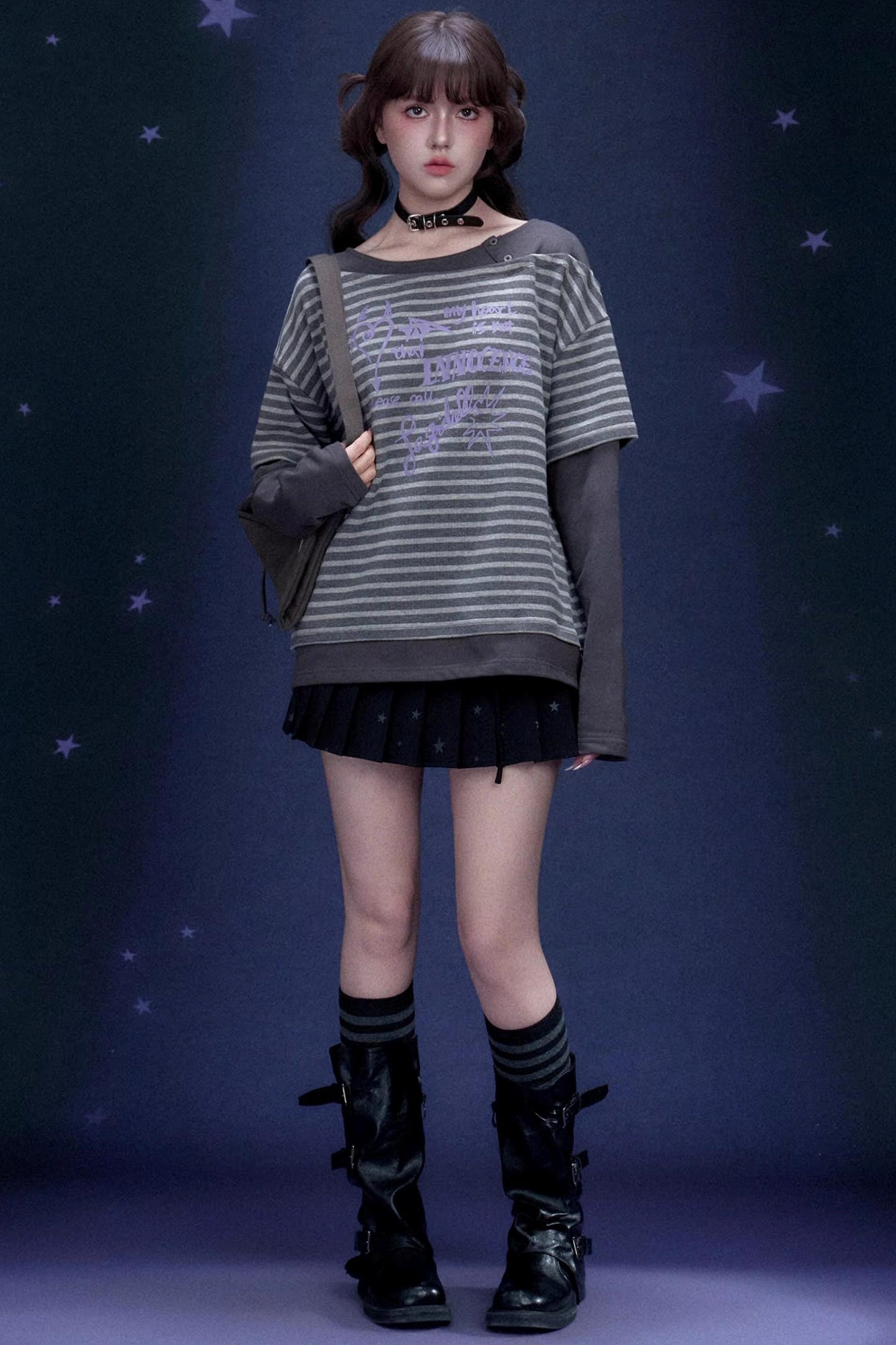 Dark Gray Striped Graffiti Print Top